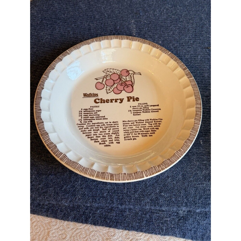 Vintage Watkins 11" Stoneware Cherry Pie Plate with Recipe #6294
